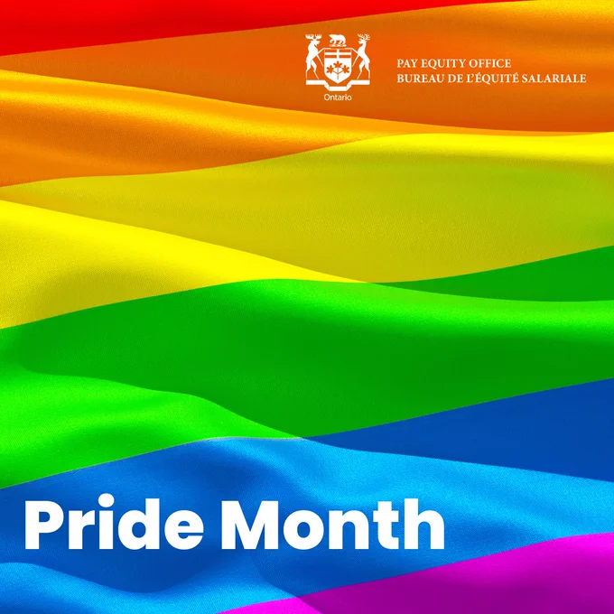 A wavy rainbow Pride flag background (red, orange, yellow, green, blue, and purple). In the top right, the Ontario logo appears above the text “Pay Equity Office / Bureau de l’équité salariale.” Large white text at the bottom left reads “Pride Month.”