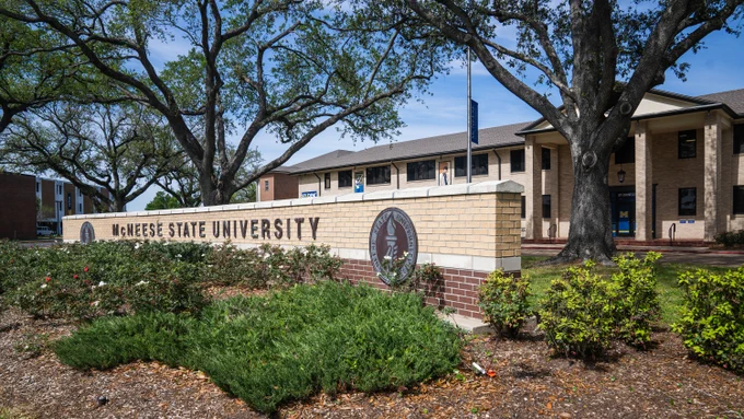 McNeese State University entrance sign surrounded by greenery and large oak trees under a clear blue sky.