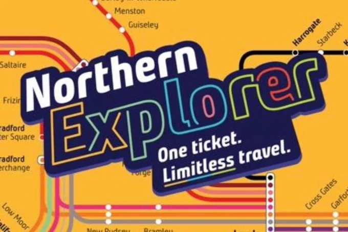 A stylised map image with various train lines and station names. The text "Northern Explorer" is prominently displayed with the tagline "One ticket. Limitless travel."