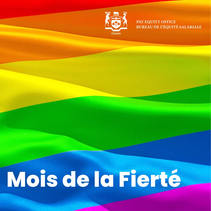 Fond aux couleurs arc‑en‑ciel en vagues, avec le logo de l’Ontario et le texte “Bureau de l’équité salariale” en haut, et l’inscription “Mois de la Fierté” en bas.