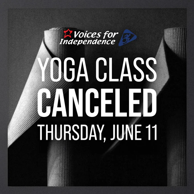 This image shows a yoga mat in black and white in the background with the VFI logo at top. Below in white, reads "Yoga class canceled Thursday, June 11."