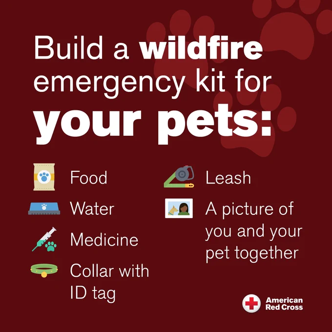 List of things to include for your pet in a wildfire emergency kit, in English, white text on a red background