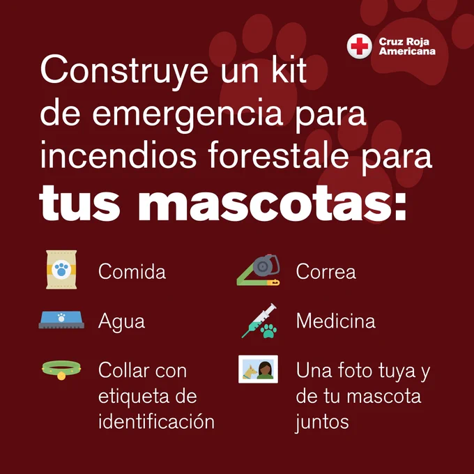 List of things to include for your pet in a wildfire emergency kit, in Spanish white text on a red background