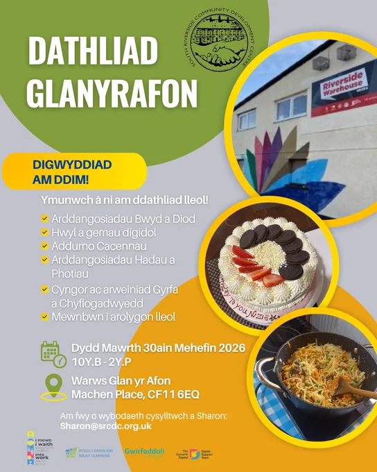 Poster yn dangos manylion am ddygwyddiad dathliad yn Nglan yr Afon.