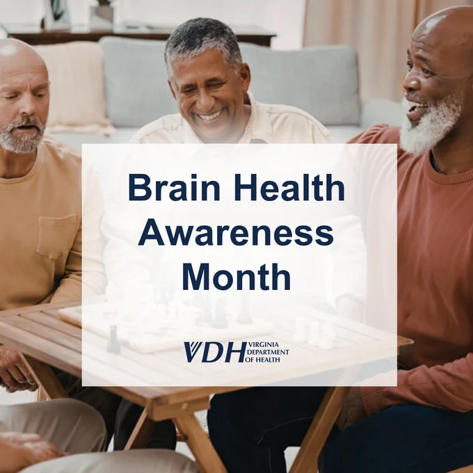 Three people sitting around a wooden table playing chess, promoting Brain Health Awareness Month by the Virginia Department of Health.