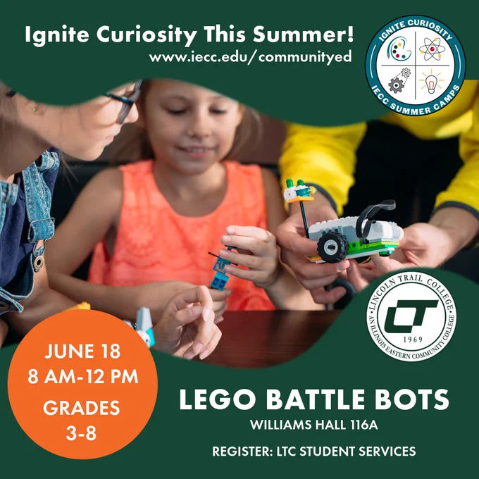 Graphic promoting LEGO Battle Bots at Lincoln Trail College on June 18 from 8 a.m. to noon for grades 3-8 in Williams Hall 116A. The image shows children building with LEGO pieces and includes the IECC Summer Camps and Lincoln Trail College logos. Register through LTC Student Services.