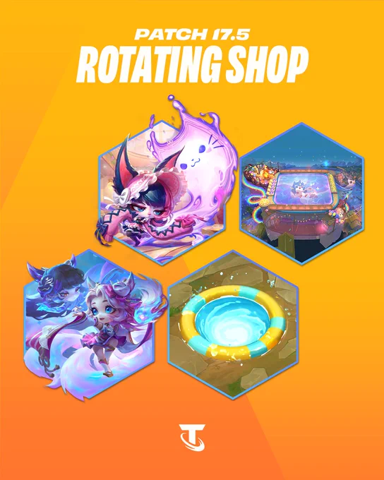 The headline "Patch TFT 17.5 Rotating Shop" sits in white text over a red geometric background with four hexagons. In them are the following: Chibi Cafe Cuties Vex, Pengu's 7th Anniversary Bash Arena, Prestige Chibi Spirit Blossom Ahri, and CANNONBALL! The Teamfight Tactics logo sits in the bottom right corner.