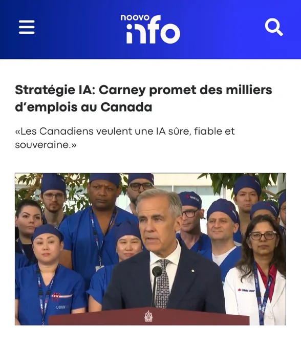 Capture d'écran d'un article de Noovo Info. Le titre se lit comme suit : Stratégie IA: Carney promet des milliers d’emplois au Canada.
