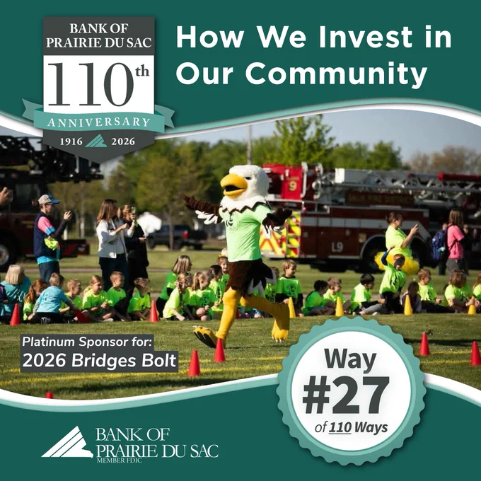 Bank of Prairie du Sac 110th anniversary. Image shows a crowd of people watching eagle mascot costumed character running. Text overlay reads "How We Invest in Our Community" and "Way #27" - Platinum Sponsorship of Bridges Bolt.