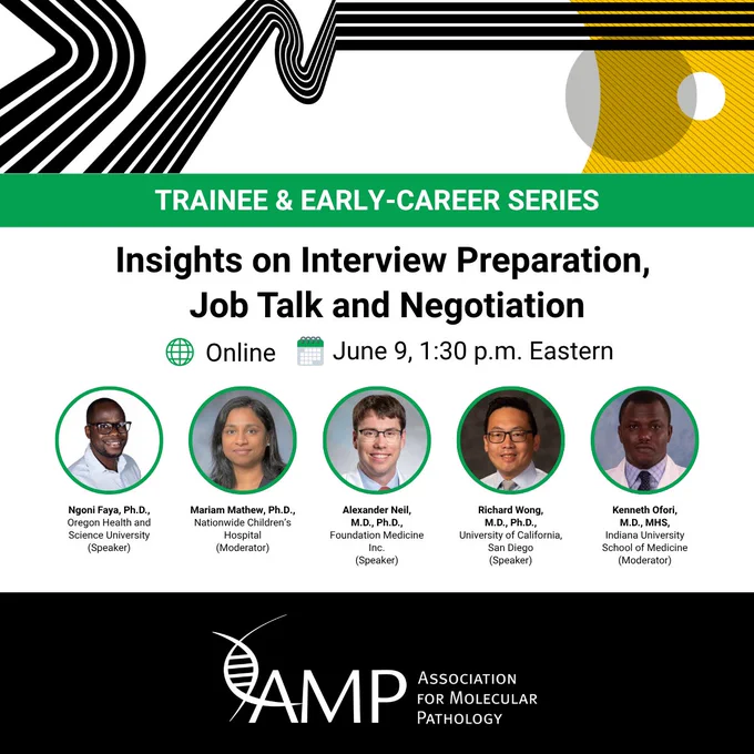 Promotional banner for an online trainee series on interview preparation, job talks, and negotiation featuring five medical professionals as speakers and moderators.