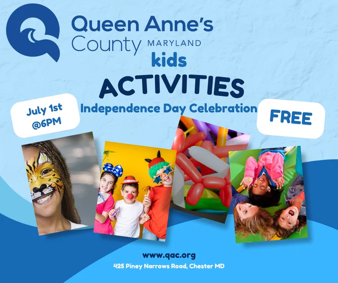 Children enjoying face painting, balloon animals, and outdoor play at Queen Anne’s County Independence Day kids activities event.
