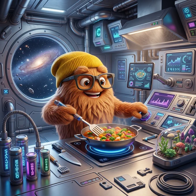 A hairy alien in a yellow beanie and glasses cooks a meal in the kitchen on their starship.