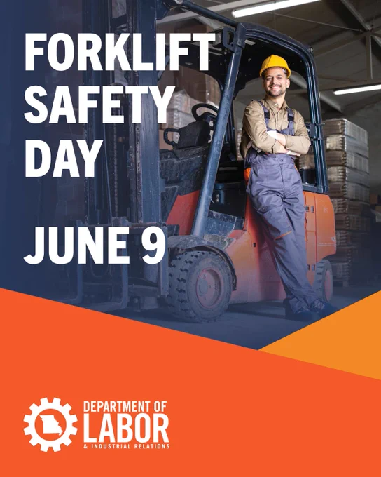 Worker in safety gear leaning against a forklift in a warehouse promoting Forklift Safety Day on June 9.