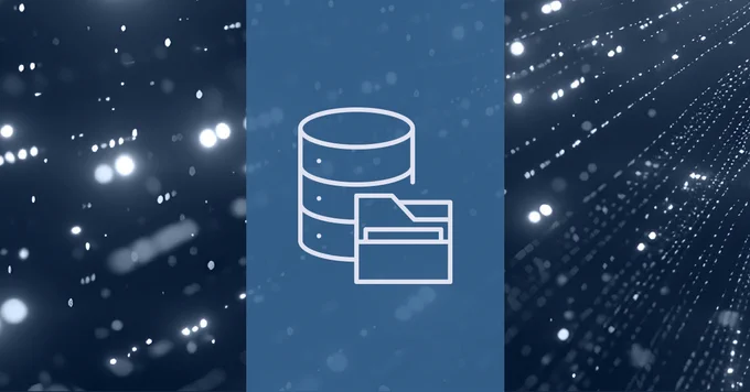 Digital data storage icon with glowing fiber optic cables in the background symbolizing fast data transfer.