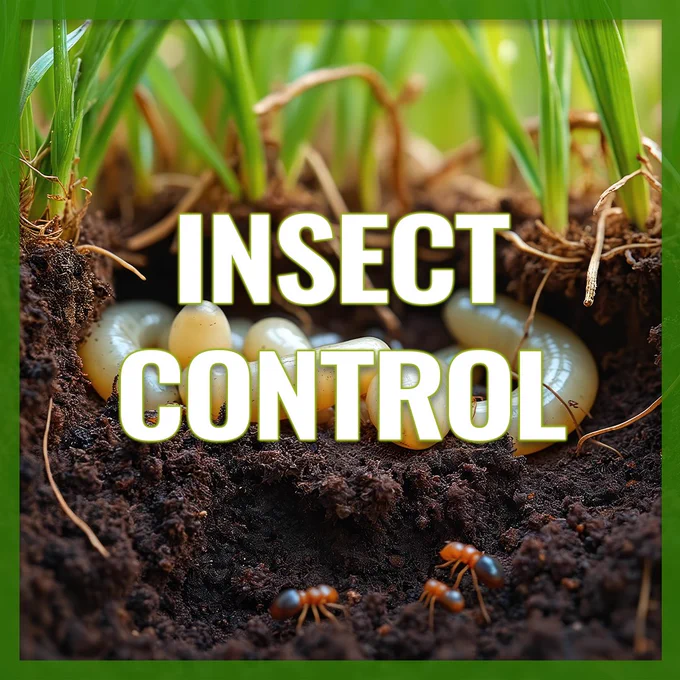Close-up of soil with insect larvae and ants beneath green plant roots, highlighting insect control.