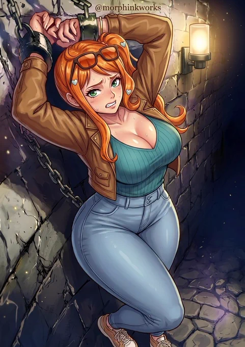Sonia from Pokémon Sword and Shield chained against a dark stone dungeon wall, arms raised overhead in heavy metal cuffs. The orange-haired researcher has a distressed expression with wide green eyes, sweat drops on her flushed face, and messy hair with heart clips. She's wearing a brown jacket over a tight teal top and light blue jeans, dramatically lit by a glowing lantern on the right. Artist: @morphinkworks