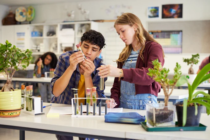 Two high school science students examine a biology experiment in a classroom lab. Test tubes with green plant matter and liquid are in a holder on lab desk along with various plants.