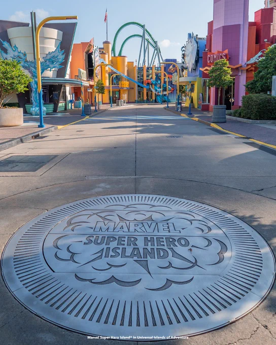 Photo of the floor medallion in Marvel Super Hero Island at Universal Islands of Adventure.