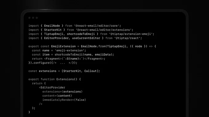 Code snippet showcases JavaScript imports and definitions for an emoji extension in a React email editor.