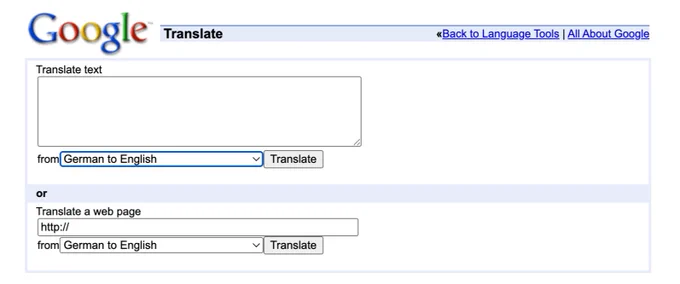 A screenshot of an early, classic version of the Google Translate web interface. It features the old drop-shadow Google logo and two simple sections: one for translating a block of text and another for translating a web page URL. Both have dropdown menus set to "German to English" alongside a "Translate" button.