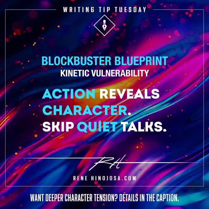 Writing Tip Tuesday
Blockbuster Blueprint
Kinetic Vulnerability

Never halt your narrative momentum for slow conversations. Instead, use high-stakes external constraints.

✍️: Write a chase scene where two rivals are forced to confess a truth to survive.

#AmWriting #ActionMovies