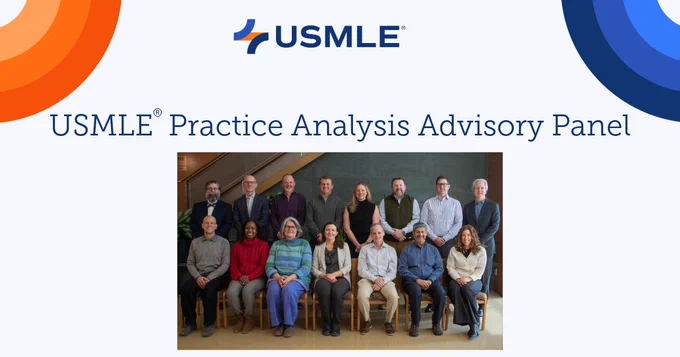 A group of individuals is posing for a photo. Above them, the text reads "USMLE® Practice Analysis Advisory Panel" with the USMLE logo at the top of the image.