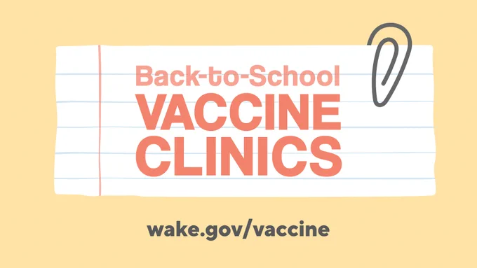 A yellow, orange, and white graphic with a notebook‑paper design and the headline: “Back‑to‑School Vaccine Clinics.”