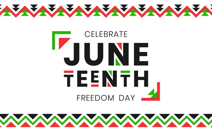 Stylized "Celebrate Juneteenth Freedom Day" text in bold black letters with green and red accents. Top and bottom of the image feature triangular patterns in black, red, and green.