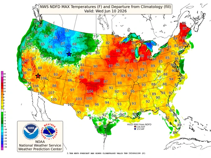 Map showing forecast high temperature departures from normal for the contiguous U.S. The highest departures above normal lie from the Plains, to the Midwest to the NE. 