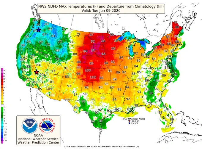 Map showing forecast high temperature departures from normal for the contiguous U.S. The highest departures above normal lie in the central and northern Plains.