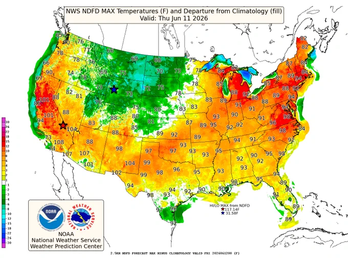 Map showing forecast high temperature departures from normal for the contiguous U.S. The highest departures above normal lie from the Midwest to the NE and Mid-Atlantic.