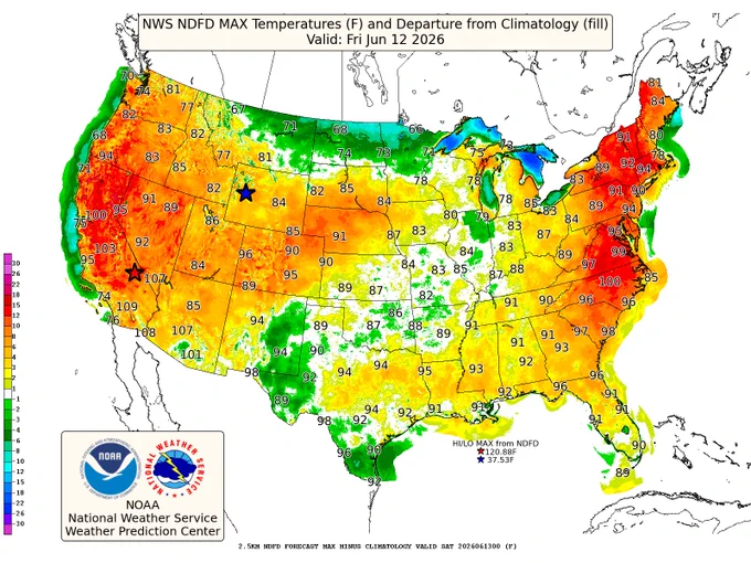 Map showing forecast high temperature departures from normal for the contiguous U.S. The highest departures above normal lie in the NE and Mid-Atlantic.