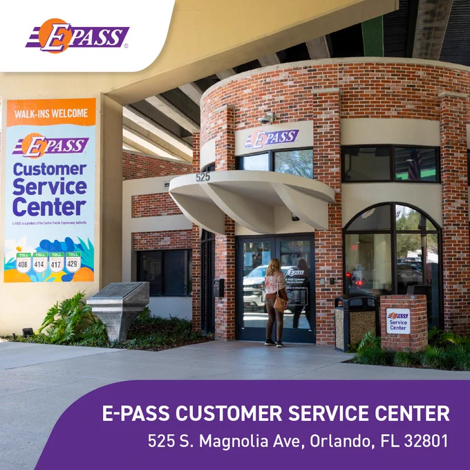 Building exterior of E-PASS Customer Service Center in Orlando, Florida, featuring a brick facade and a large welcoming sign with the address, 525 S. Magnolia Ave, Orlando, FL 32801.