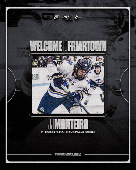 Graphic with text Welcome to Friartown that announces the addition of JJ Monteiro to the men's hockey roster