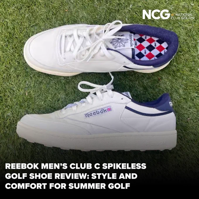 White Reebok Club C spikeless golf shoes displayed on grass, accompanied by a review caption. Ideal for summer golf.