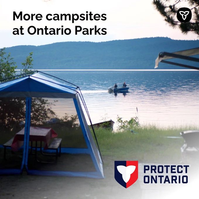 Image of a tent by a lake. Asset text reads “More campsites at Ontario Provincial Parks”.