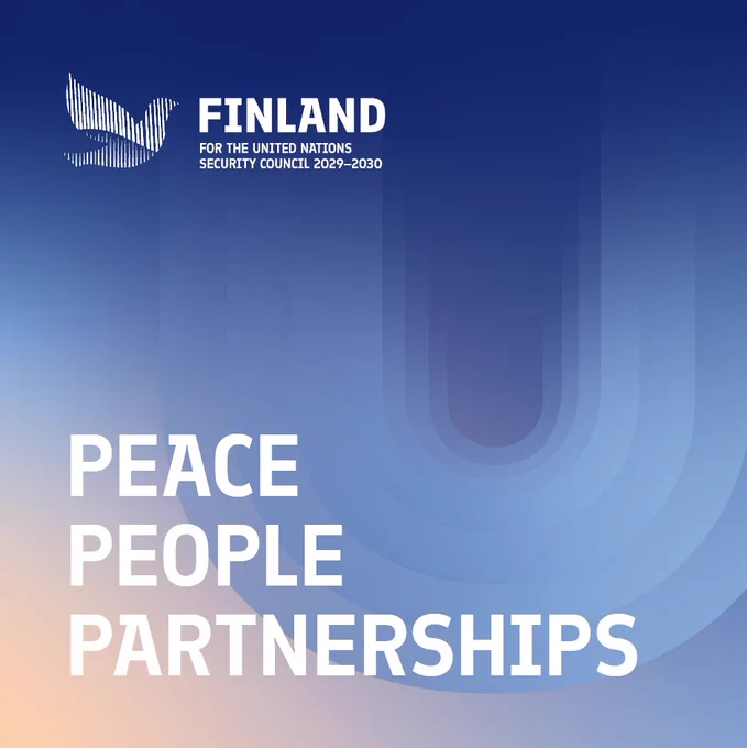 Blue gradient poster featuring Finland’s bid for the United Nations Security Council 2029–2030. Large white text in the lower half reads “PEACE, PEOPLE, PARTNERSHIPS.”