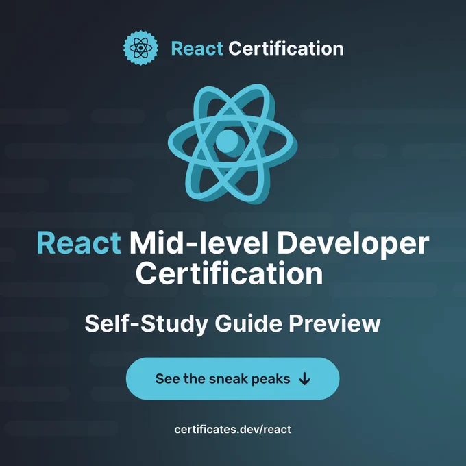 An informative graphic showcasing the React Mid-level Developer Certification. The design is modern and tech-focused, with a blue gradient background and the React logo.