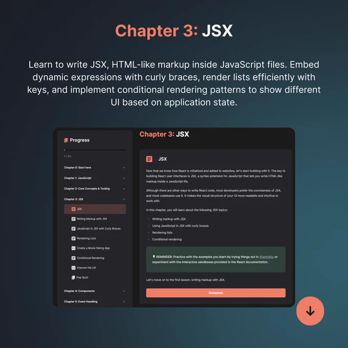 An educational graphic about JSX in React, focusing on writing HTML-like markup in JavaScript files. The design is clean and informative, appealing to developers.