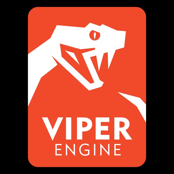 The Viper Engine logo is displayed as a rounded, vertical rectangle with an orange background. The words "VIPER ENGINE" are displayed the bottom-center. On the left-center, a white outline of a viper/snake baring fangs stretches out towards the center. On the bottom-right, part of it's tail appears from the other side.