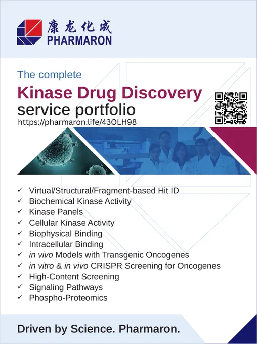 Flyer for Pharmaron's Kinase Drug Discovery services, featuring a QR code, URL, and images of lab scientists. Services listed include hit ID, kinase activity, panels, binding assays, CRISPR screening, signaling pathways, and phospho-proteomics. Tagline: "Driven by Science. Pharmaron."