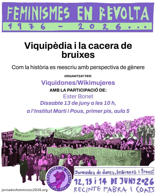 Ens trobem a les Jornades Feministes. Busqueu-nos a la WIKIZONA, un estand dedicat a respondre als vostres dubtes sobre la Viquipèdia.