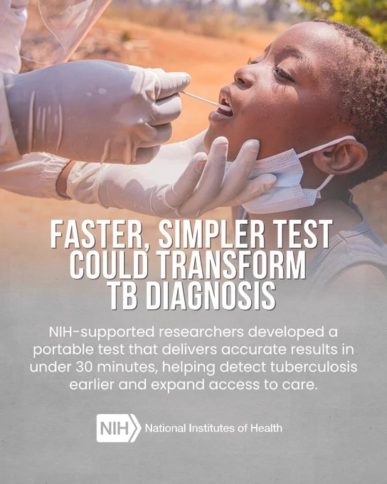 A healthcare worker administers a test to a child outdoors. The image features text discussing a new, faster test for tuberculosis diagnosis developed with NIH support, promising accurate results in under 30 minutes. NIH logo is displayed.