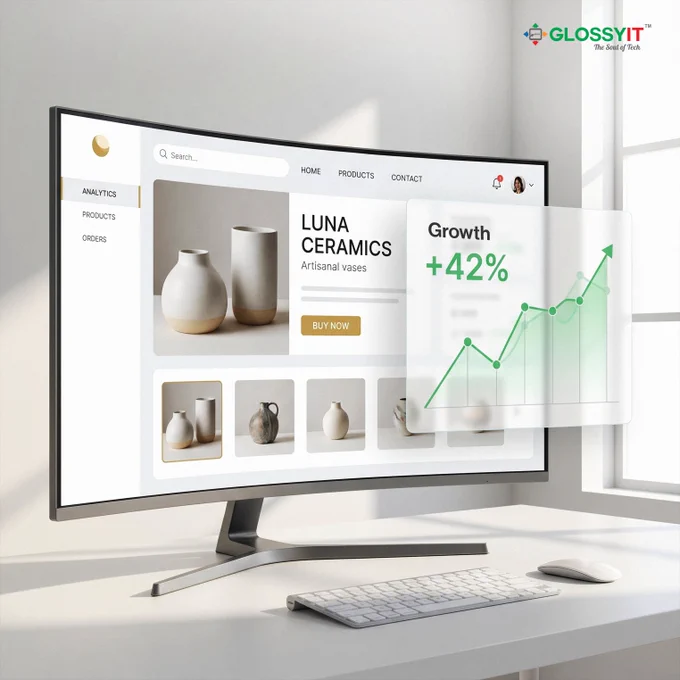 Modern ecommerce dashboard with product display. Add upward sales graph overlay. Clean bright UI with premium feel.