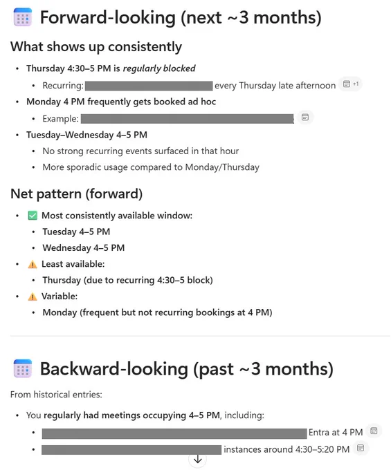 Work IQ's detailed response that outlines what shows up consistently on my calendar, what the forward-looking net pattern is, and what the backward-looking pattern is.