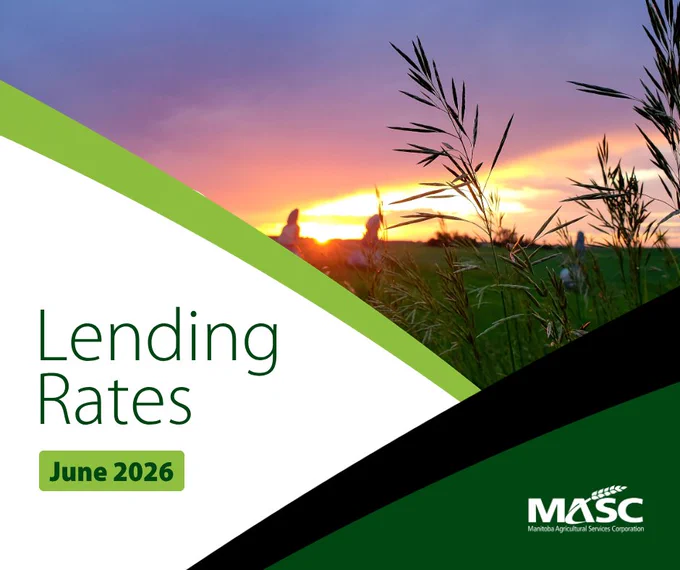 Sunset over a grassy field with text announcing June 2026 lending rates from Manitoba Agricultural Services Corporation.