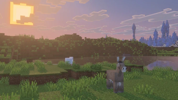 Minecraft screenshot of the sun over the horizon, with ice spikes in the background. There's a sheep and a donkey in view.