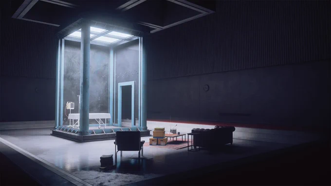 A screenshot from CONTROL Resonant. Dylan Faden's cell in the Federal Bureau of COntrol stands empty, the door open. There's a sofa and an armchair in front of it, along with a low coffee table stacked with folders, as if someone was spending a lot of time in front of Dylan's cell.