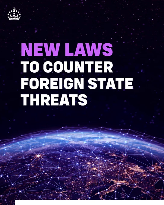 Graphic with text that reads: New laws to counter foreign state threats. 