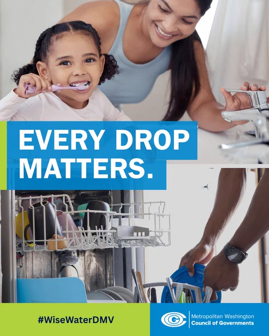 Images of a child brushing her teeth and a person loading a dishwasher. Text overlay reads "Every drop matters."